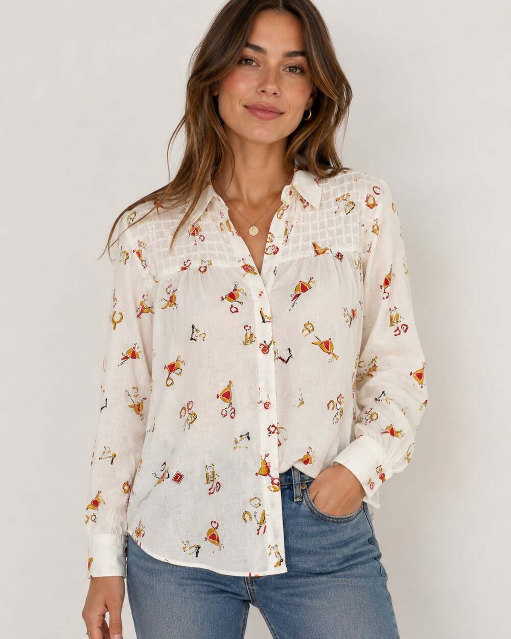 Anthropologie Conversations 15 of 52 Limited Edition Equestrian Print Button-Up